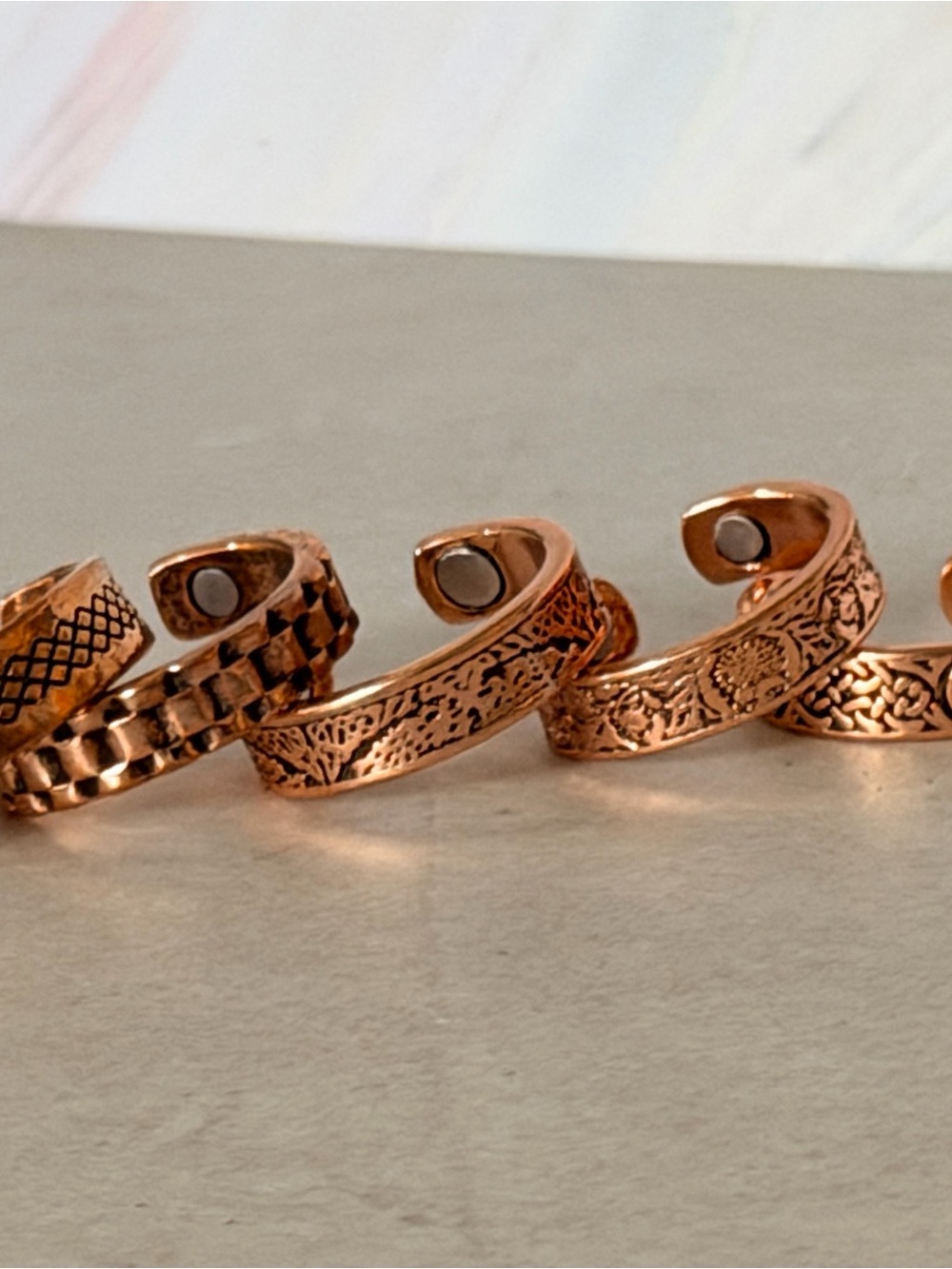 Copper Unisex Embossed Magnetic Open  Adjustable Ring Magnetic Healing Therapy